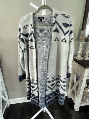 a.n.a Cream & Black Geometric Longline Open-Front Cardigan